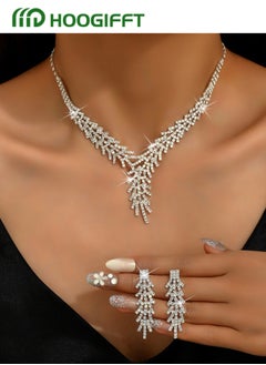 HOOGIFFT 2 Piece Jewelry Set of Necklace and Earrings Shiny Diamond Chic Rhinestone Decor Jewellery Set for Women Ladies Gift for Mother Wife Girlfriend Bridesmaids Wedding Party Accessories  - Image 1