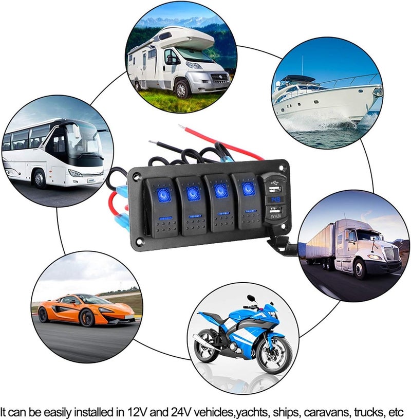 QASULER 12V 24V Dual USB Port 4 Gang Toggle Rocker Switch Panel - Image 4