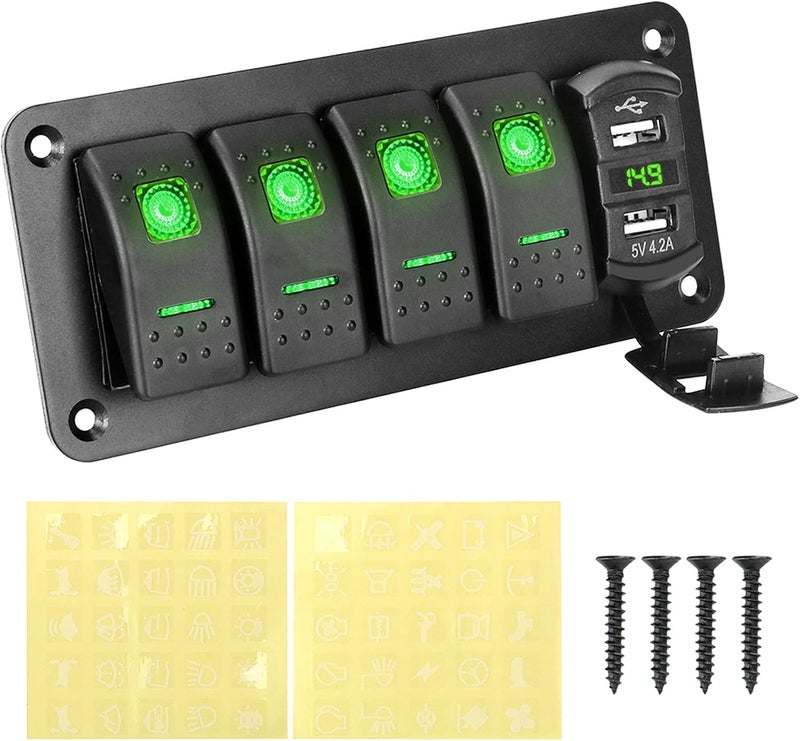 QASULER 12V 24V Dual USB Port 4 Gang Toggle Rocker Switch Panel - Image 1