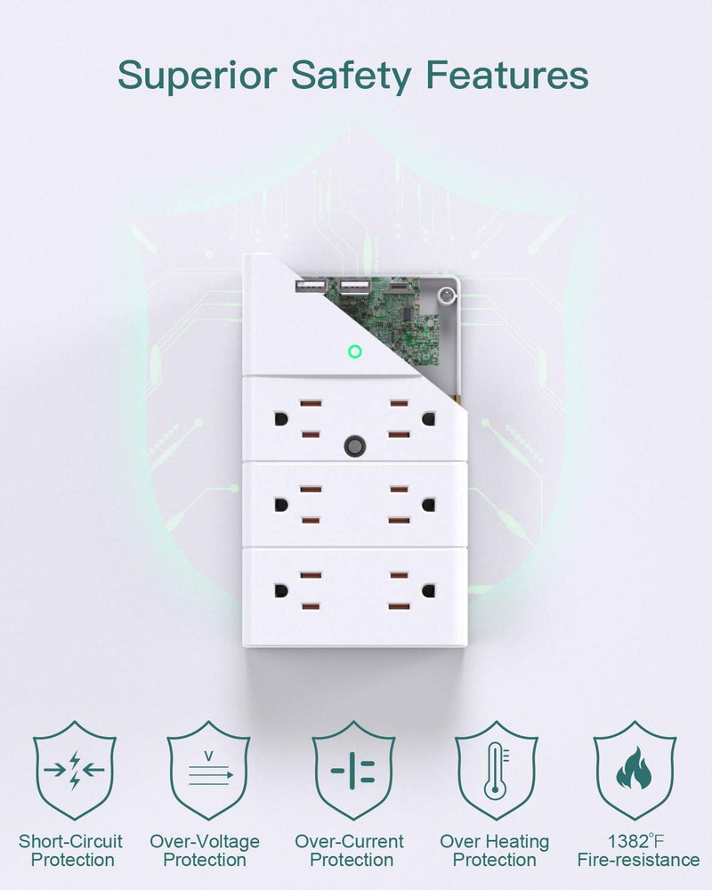 Addtam Multi Plug Outlet - Addtam Surge Protector Wall Mount with 12 Outlet Extender- 3 Sides and 3 USB Ports (1 USB-C), Outlet Splitter Power Strip for Home, Office, Hotel, White - Image 5