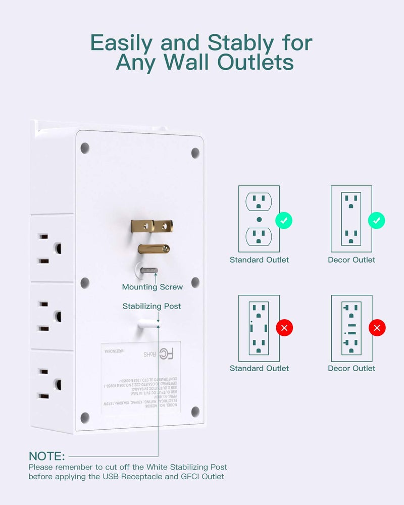 Addtam Multi Plug Outlet - Addtam Surge Protector Wall Mount with 12 Outlet Extender- 3 Sides and 3 USB Ports (1 USB-C), Outlet Splitter Power Strip for Home, Office, Hotel, White - Image 3