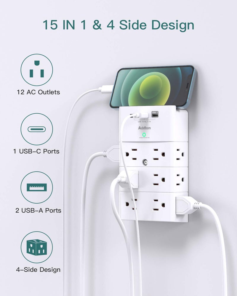 Addtam Multi Plug Outlet - Addtam Surge Protector Wall Mount with 12 Outlet Extender- 3 Sides and 3 USB Ports (1 USB-C), Outlet Splitter Power Strip for Home, Office, Hotel, White - Image 2