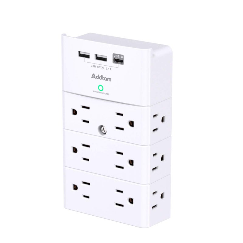 Addtam Multi Plug Outlet - Addtam Surge Protector Wall Mount with 12 Outlet Extender- 3 Sides and 3 USB Ports (1 USB-C), Outlet Splitter Power Strip for Home, Office, Hotel, White - Image 1