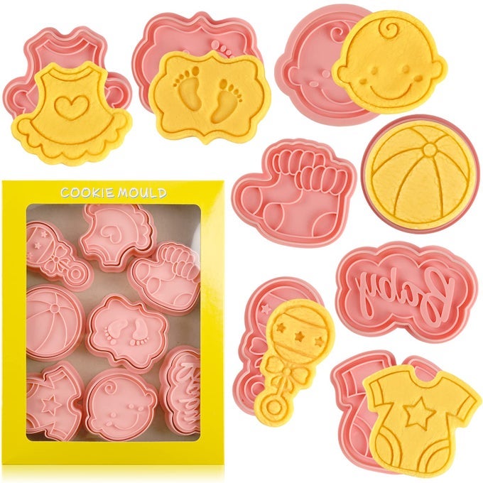 BABY SHOWER COOKIE CUTTERS SET 8 PCS WITH PLUNGER STAMPS CUTE FOR BISCUIT CHEESE BAKING