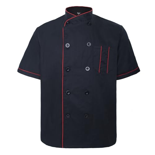 TopTie Unisex Short Sleeve Chef Coat Jacket, Black with Red - Image 1