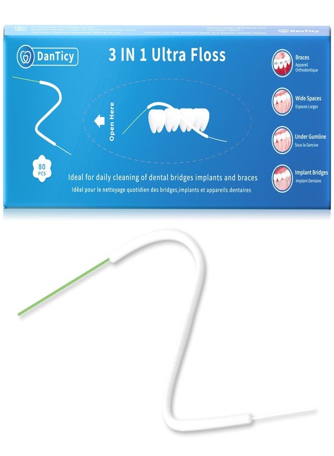 DanTicy 3-in-1 Floss, 80 Pre-Cut Strands with Threader & Spongy Brush, Specialized Teeth Cleaning for Teens and Adults with Bridges or Implants - Image 1