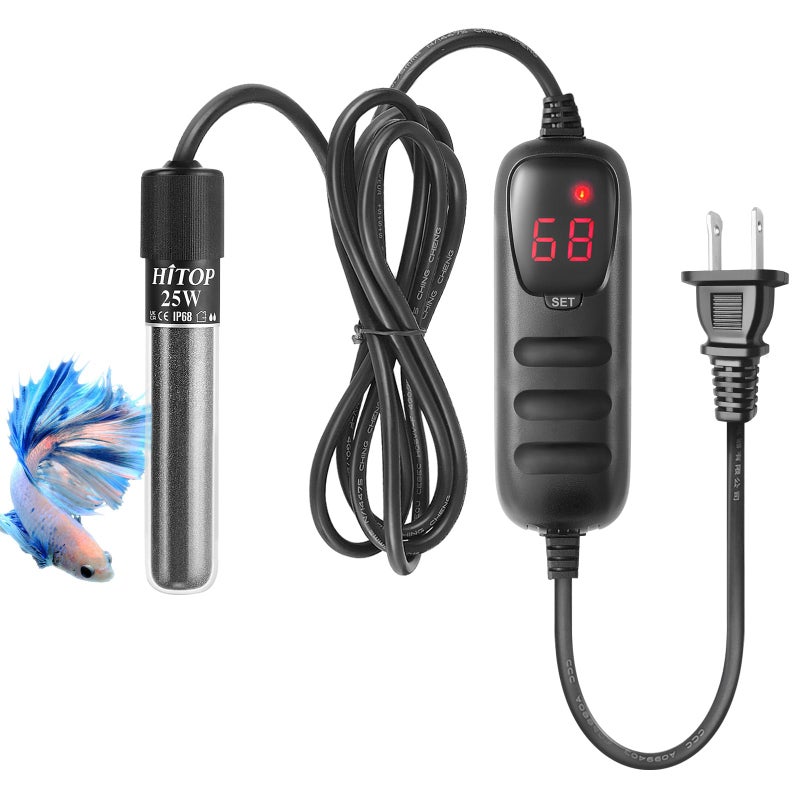 HITOP Mini Submersible Aquarium Heater - 25W 50W 100W 200W 300W Small Heater for Fish Tank 1-70 Gallon with Controller (25W) - Image 1