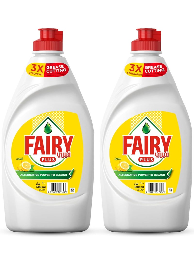 Fairy Plus Lemon Dishwashing Liquid Soap, With Alternative Power To Bleach, 2x600ml - Image 1