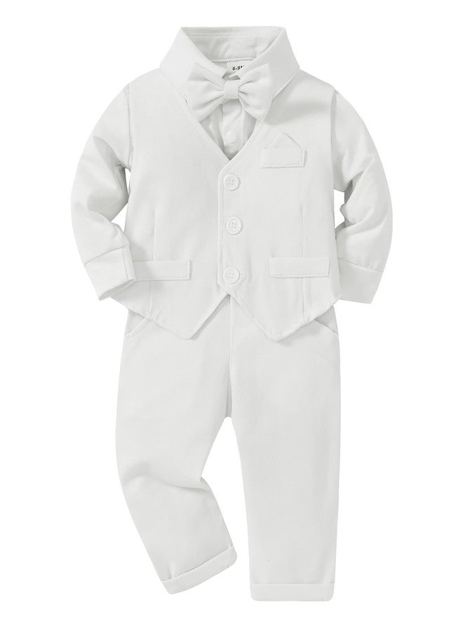 CARETOO Baptism Outfits for Boys White Dress Shirt/Vest/Bow Tie/Pants 0-3 Months Baby Boy Clothes 3-6 Months - Image 1