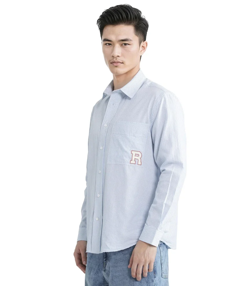 Rare Rabbit Men's Pinstripe Regular Fit Embroidered Logo Shirt