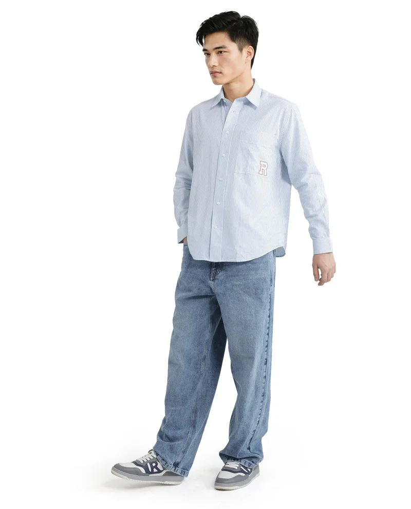 Rare Rabbit Men's Pinstripe Regular Fit Embroidered Logo Shirt