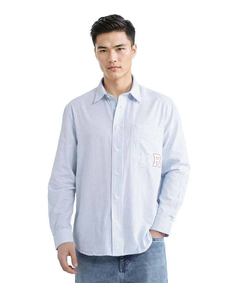 Rare Rabbit Men's Pinstripe Regular Fit Embroidered Logo Shirt
