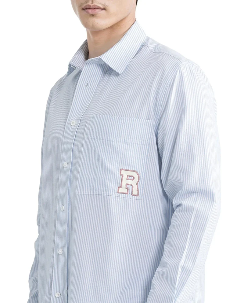 Rare Rabbit Men's Pinstripe Regular Fit Embroidered Logo Shirt