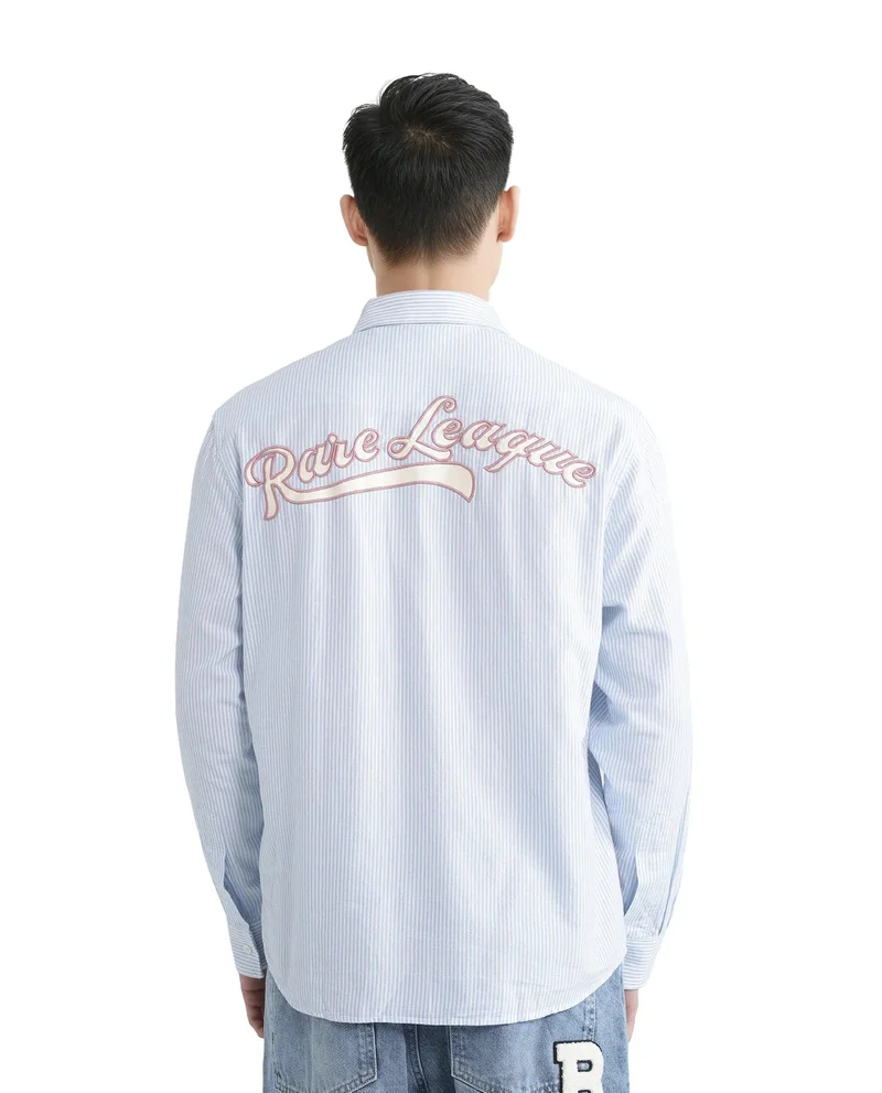 Rare Rabbit Men's Pinstripe Regular Fit Embroidered Logo Shirt
