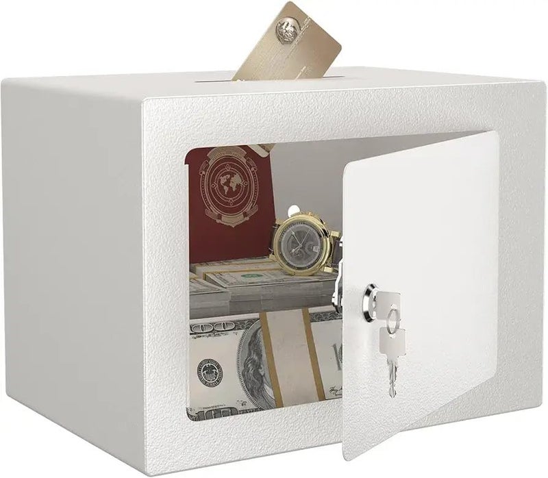 MAXSERA Money Bank Small Safe For Kids and Home Use Mechnical Key Lock SafeCoin Box for KidsChildren Cash Box with Lock and Coin Tray for Adults and Kids Mini Cash Metal Money Box WHITE - Image 1