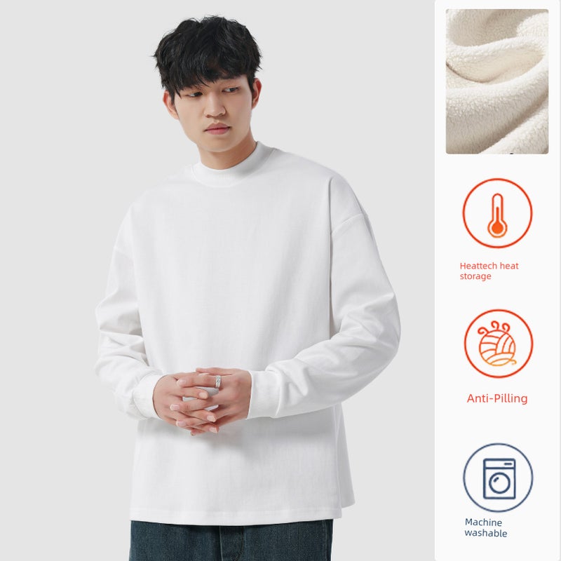 NINPURE fleece thickened 300G heavy solid color small neckline loose undershirt inner long-sleeved t-shirt for men and women - Image 2