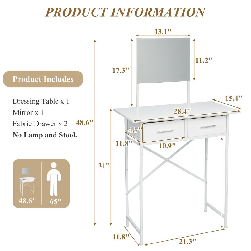 Jakyitvi Small Vanity Desk with Mirror and Drawers, White Makeup Vanity Table with Storage, Compact Vanity for Bedroom, Modern Makeup Desk for Girls, Space-Saving Vanity Table - Image 5