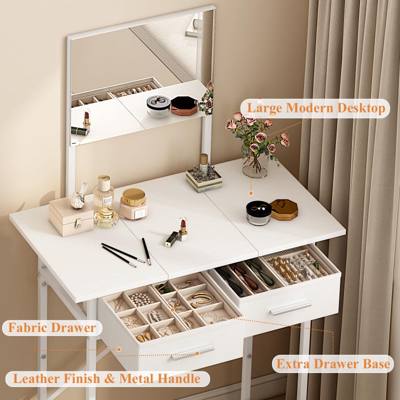 Jakyitvi Small Vanity Desk with Mirror and Drawers, White Makeup Vanity Table with Storage, Compact Vanity for Bedroom, Modern Makeup Desk for Girls, Space-Saving Vanity Table - Image 3