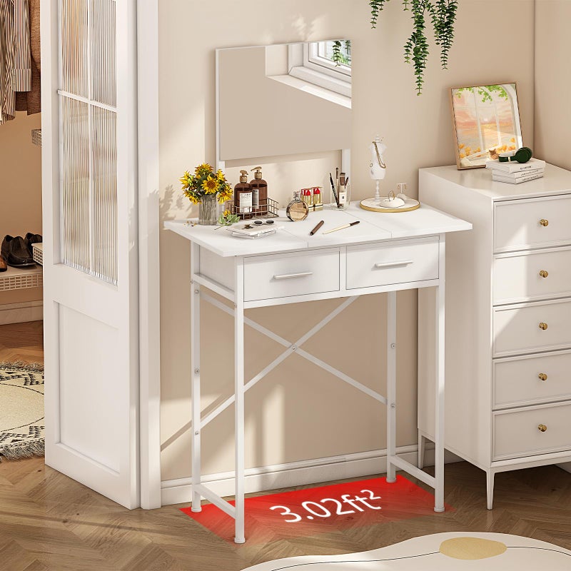 Jakyitvi Small Vanity Desk with Mirror and Drawers, White Makeup Vanity Table with Storage, Compact Vanity for Bedroom, Modern Makeup Desk for Girls, Space-Saving Vanity Table - Image 2