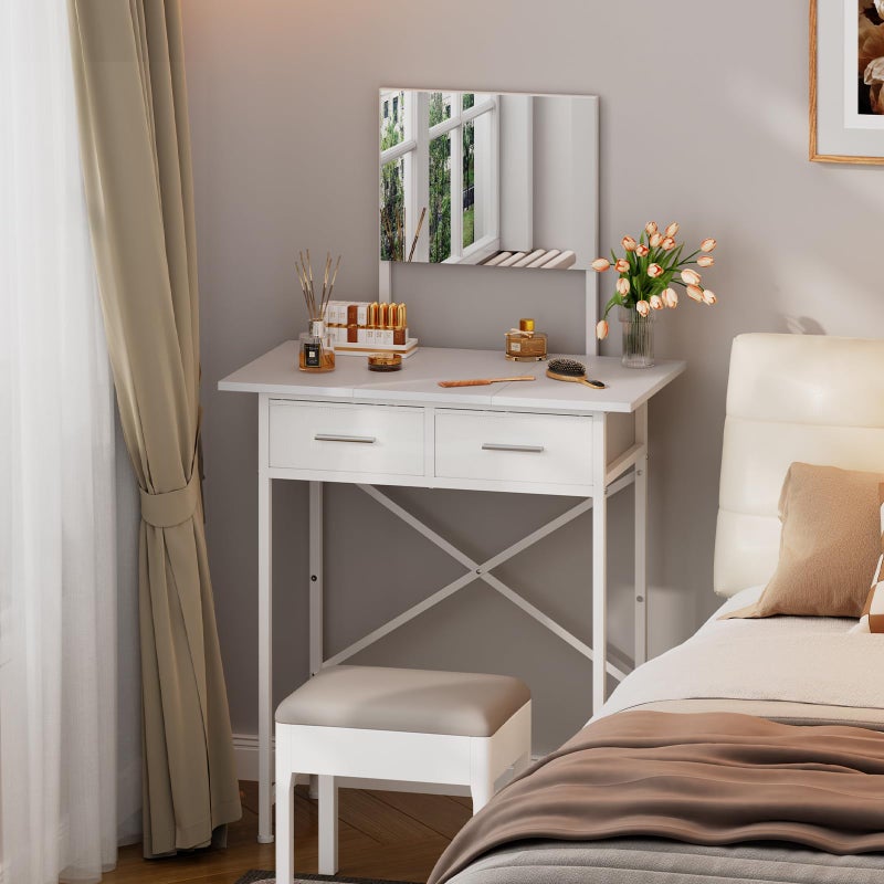 Jakyitvi Small Vanity Desk with Mirror and Drawers, White Makeup Vanity Table with Storage, Compact Vanity for Bedroom, Modern Makeup Desk for Girls, Space-Saving Vanity Table - Image 1