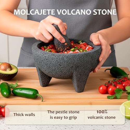 YOPIDO Molcajete 6 in Mexican, Handmade with Natural Volcanic Stone, Artisanal Kitchen Utensil for Grinding with Pores for Crushing, Specially Designed for Grinding Spices, Sauces, and Guacamole - Image 2