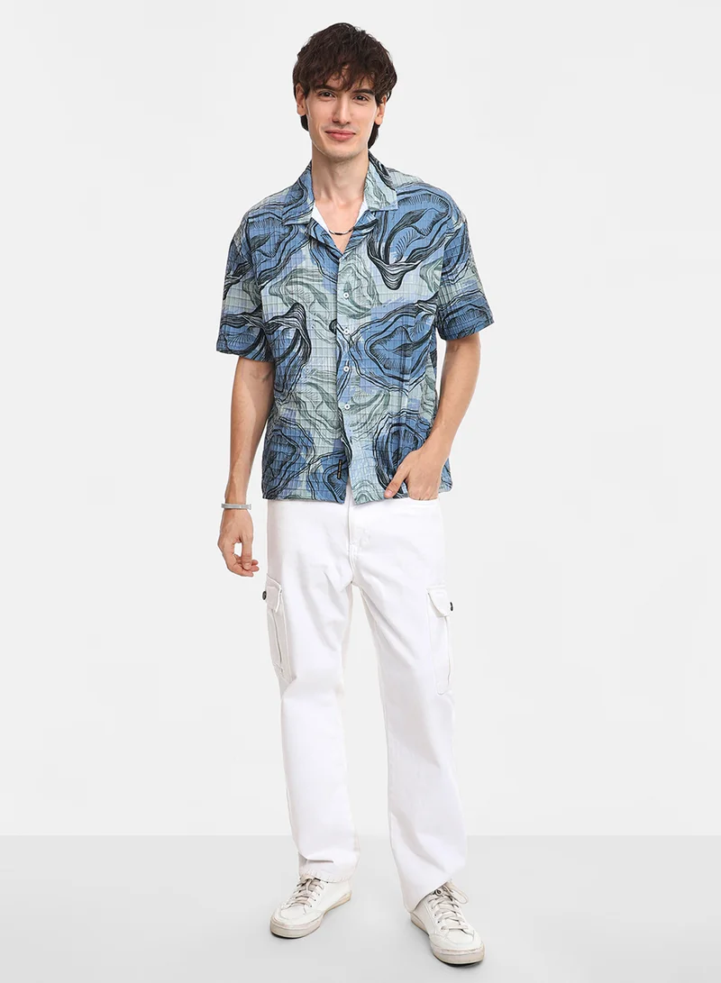 كامبوس سوترا Men's Ocean Blue & Sage Green Oceanic Oversized Shirt