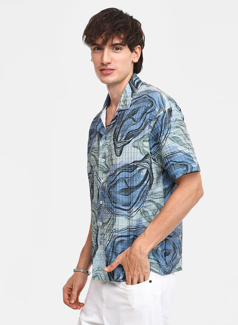كامبوس سوترا Men's Ocean Blue & Sage Green Oceanic Oversized Shirt