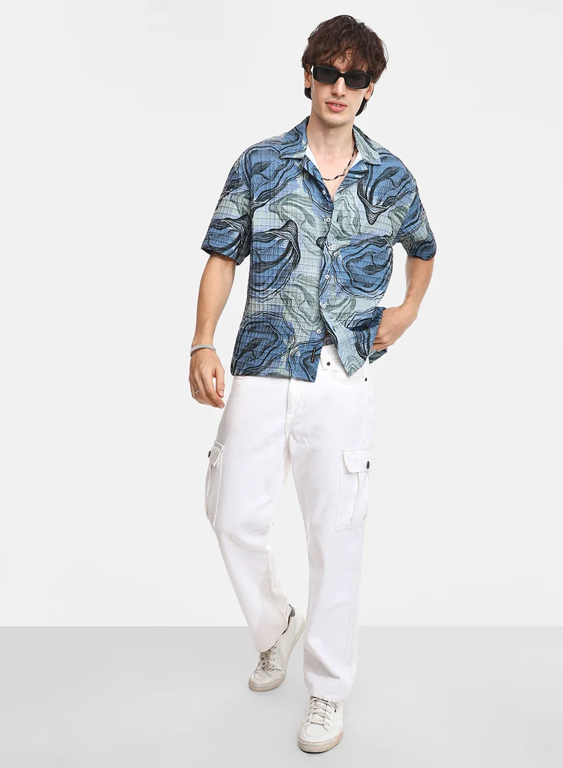 كامبوس سوترا Men's Ocean Blue & Sage Green Oceanic Oversized Shirt