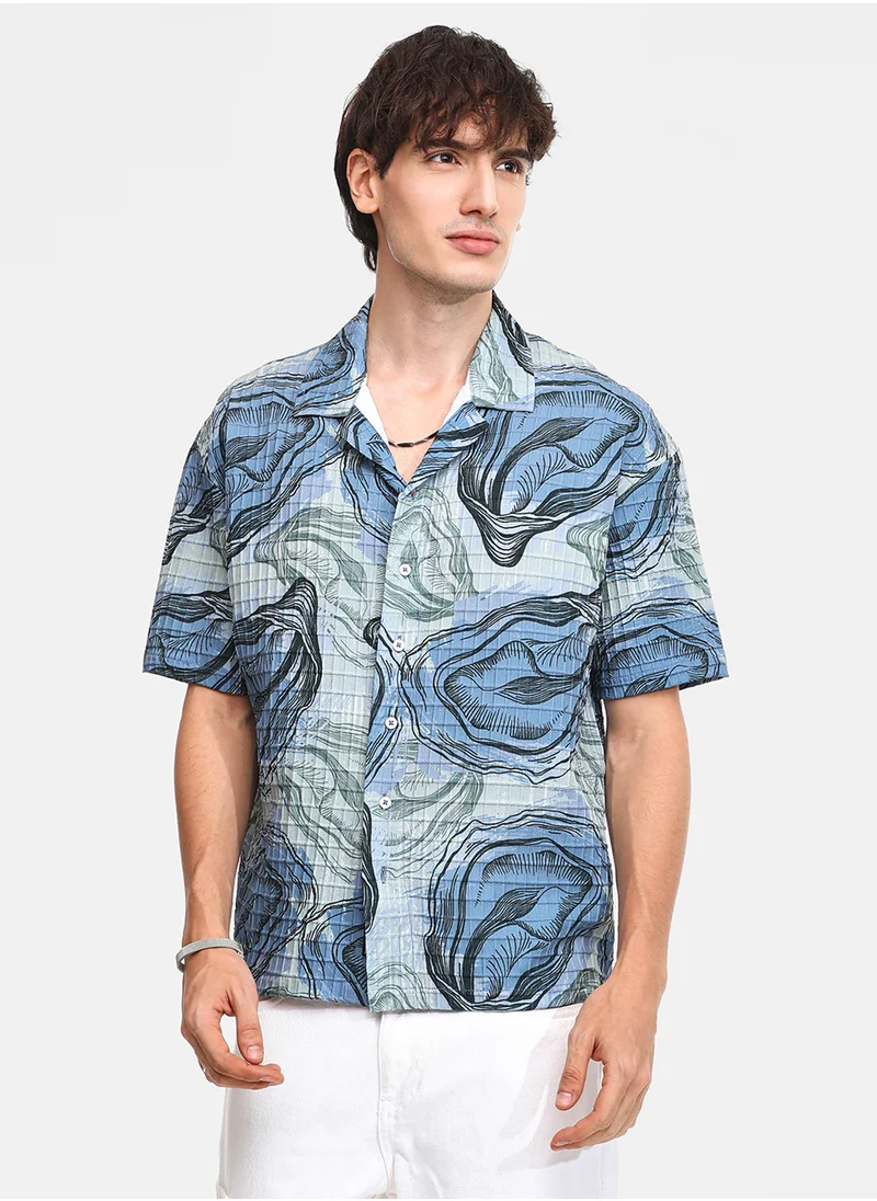 Campus Sutra Men's Ocean Blue & Sage Green Oceanic Oversized Shirt
