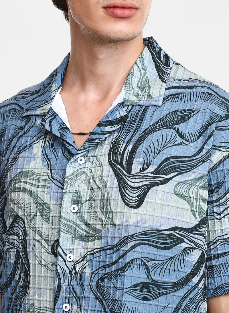 كامبوس سوترا Men's Ocean Blue & Sage Green Oceanic Oversized Shirt