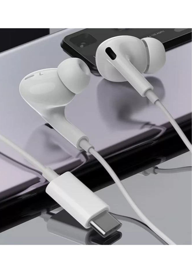 Generic - Type-C Earphones with Microphone and Volume Control: Wired Handsfree Headset with Heavy Bass, Hi-Fi Stereo Sound for Huawei and Other Phones (White) - Image 1
