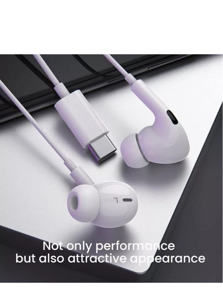 Generic - Type-C Earphones with Microphone and Volume Control: Wired Handsfree Headset with Heavy Bass, Hi-Fi Stereo Sound for Huawei and Other Phones (White) - Image 1