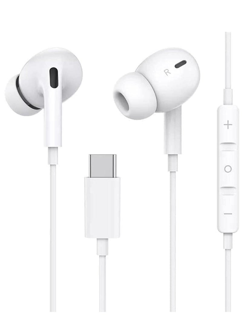 Generic - Type-C Earphones with Microphone and Volume Control: Wired Handsfree Headset with Heavy Bass, Hi-Fi Stereo Sound for Huawei and Other Phones (White) - Image 1