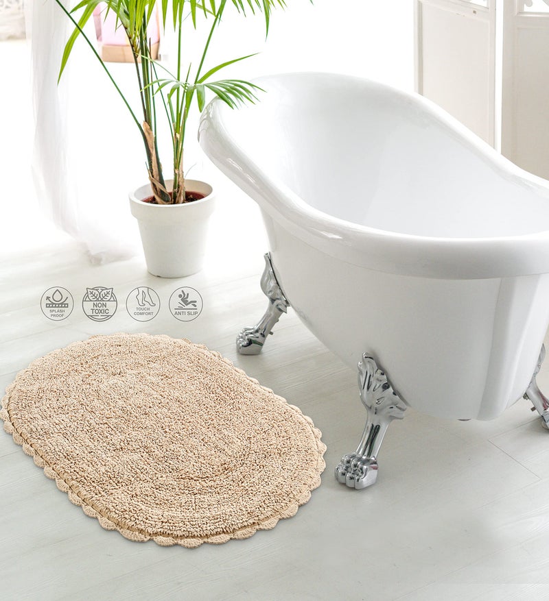 SASHAA WORLD Super Soft Reversible Bath Mat/Bathroom Rug from Crochet Collection | Oval-Shaped with Crochet Border | Ideal for Tub, Shower, Sink, or Vanity | 40 x 60 cm, Beige - Image 1