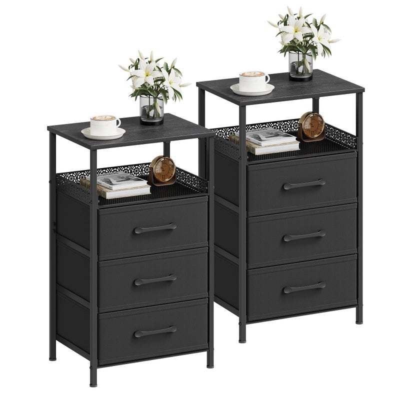 JARHETUN Nightstand Set of 2, Night Stands with 3 Fabirc Drawers, 26.4 Inch Tall Bedside Table with Metal Shelf, Modern Side End Table Storage Furniture, Small Dresser for Bedroom, Black - Image 1