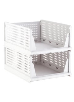 Excefore Stackable Plastic Storage Basket, Foldable Closet Organizers and Storage Bins, Drawer Shelf Storage Container for Wardrobe Cupboard Bedroom Bathroom Office, White Large, 2 Pack  - Image 1