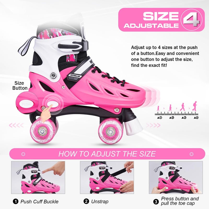 METROLLER Roller Skates for Girls Ages 5-8 8-12 and Boys Teens, Adjustable 4 Sizes for Kids Toddler Rollerskates with Light up Wheels, for Women (Rose, Large-Youth & Adult (4-7 Men/5-8 Women)) - Image 2