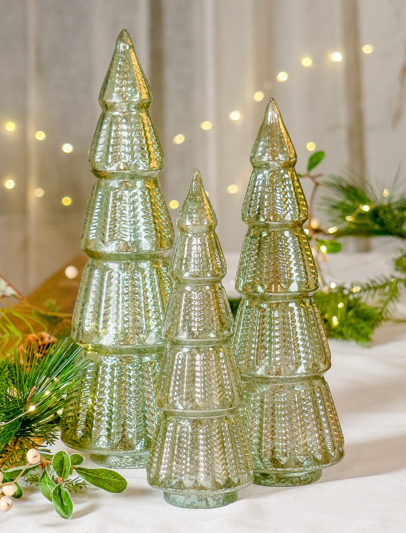 Red Co. 10.5â€, 12.5â€, 14.5â€ Light-Up Mercury Glass Christmas Tree Tabletop Display Figurine Set of 3 Sizes, Teal Blue - Image 4