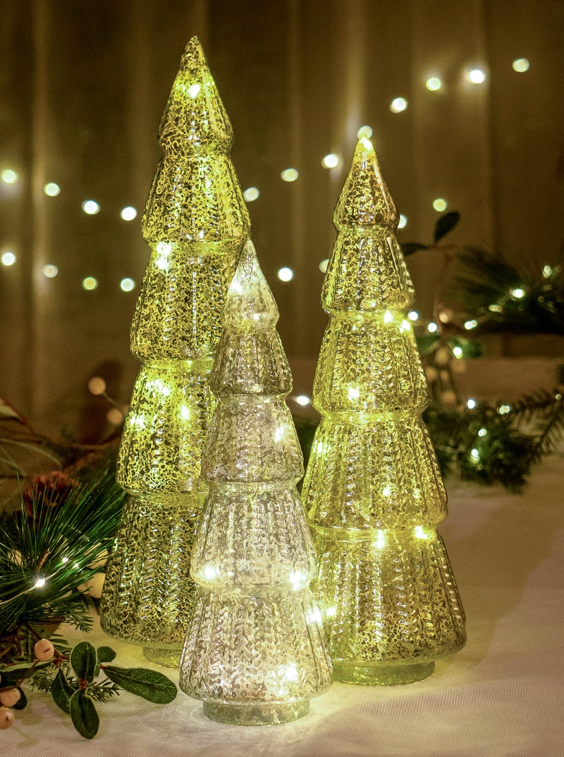 Red Co. 10.5â€, 12.5â€, 14.5â€ Light-Up Mercury Glass Christmas Tree Tabletop Display Figurine Set of 3 Sizes, Teal Blue - Image 1