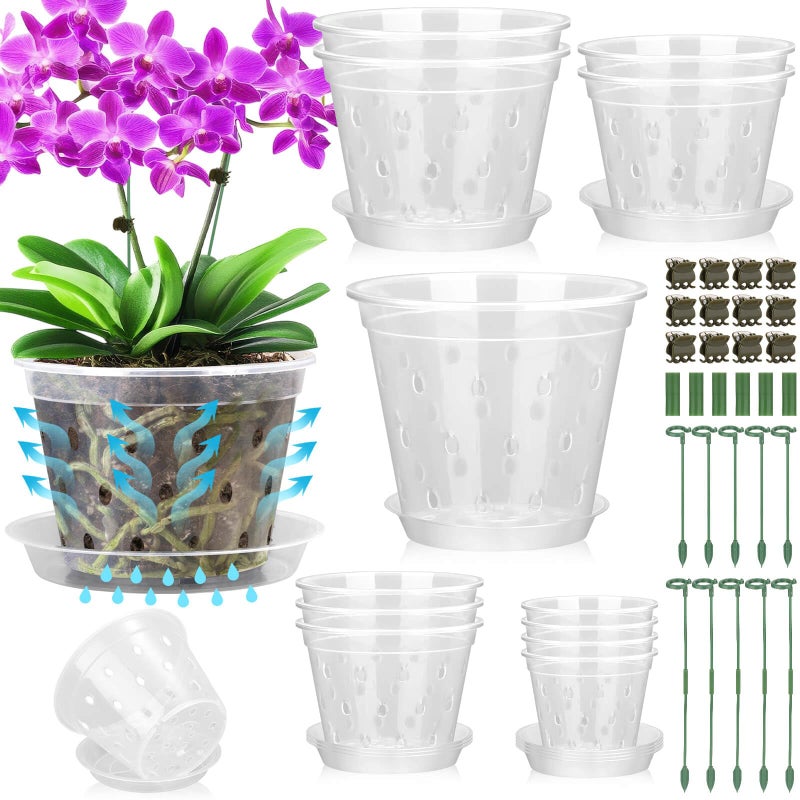 Tetutor 12 Pack Plastic Orchid Pots with Holes,5 Sizes 3, 4, 5, 6,7 Inch Clear Orchid Pots for Repotting with Saucers Drainage and Plant Stakes, Large Small Breathable Orchids Planter Plant Pot - Image 1