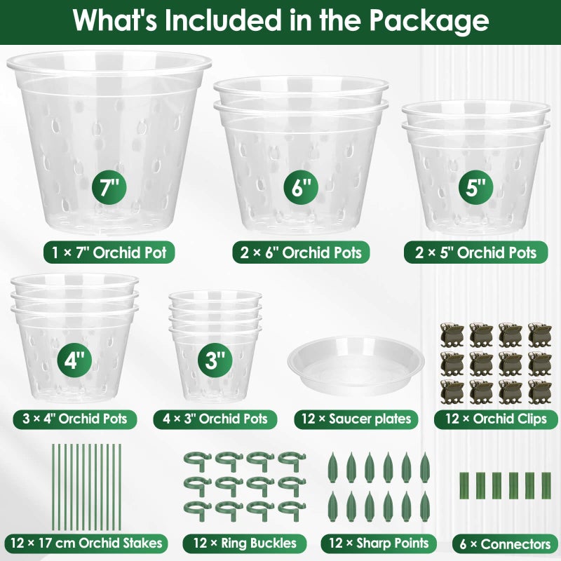 Tetutor 12 Pack Plastic Orchid Pots with Holes,5 Sizes 3, 4, 5, 6,7 Inch Clear Orchid Pots for Repotting with Saucers Drainage and Plant Stakes, Large Small Breathable Orchids Planter Plant Pot - Image 3