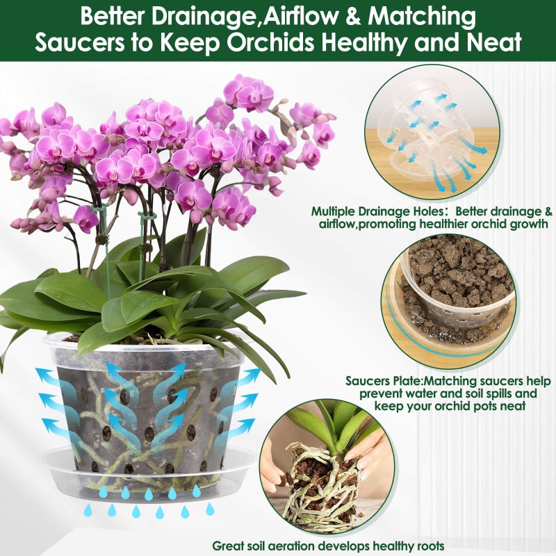 Tetutor 12 Pack Plastic Orchid Pots with Holes,5 Sizes 3, 4, 5, 6,7 Inch Clear Orchid Pots for Repotting with Saucers Drainage and Plant Stakes, Large Small Breathable Orchids Planter Plant Pot - Image 5