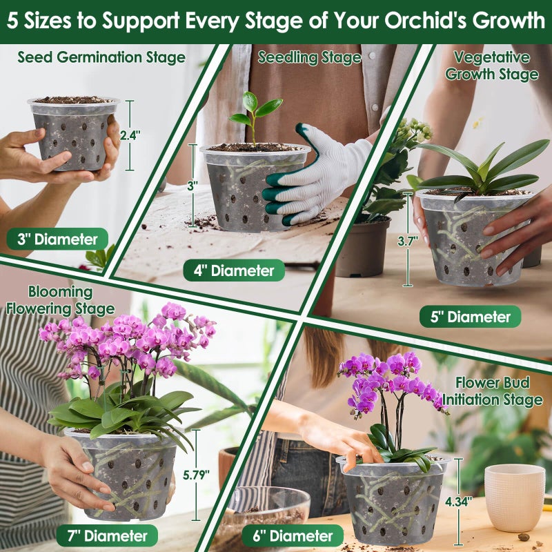 Tetutor 12 Pack Plastic Orchid Pots with Holes,5 Sizes 3, 4, 5, 6,7 Inch Clear Orchid Pots for Repotting with Saucers Drainage and Plant Stakes, Large Small Breathable Orchids Planter Plant Pot - Image 4