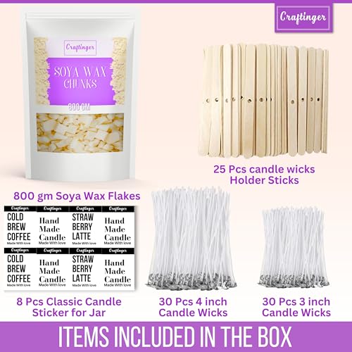 Craftinger Candle Making Kit | 800gm SOYA Wax Flakes | 60 Candle Wicks (4" & 3") | 25 Wick Holder Sticks | 8 Jar Candle Stickers | DIY Candle Kit for Home & Gift for Beginner Kit for Adults - Image 2