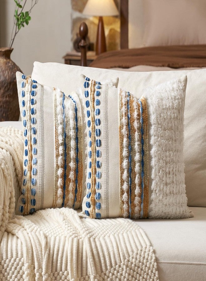 Aeckself Boho Chenille Tufted Throw Pillow Covers 18x18 Inch Set of 2, Farmhouse Decorative Striped Square Pillow Covers Accent Neutral Pillowcase for Living Room Couch Bed, Caramel Brown - Image 1
