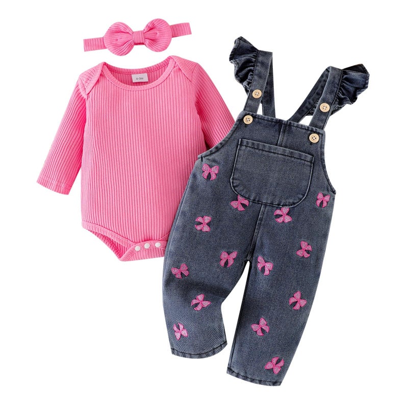 FOCICI Baby Girl Clothes 69 Months Romper Infant Jeans Adjustable Suspender Overalls Cute Headband 3Pcs Fall Winter Outfits Set Rose Red - Image 2