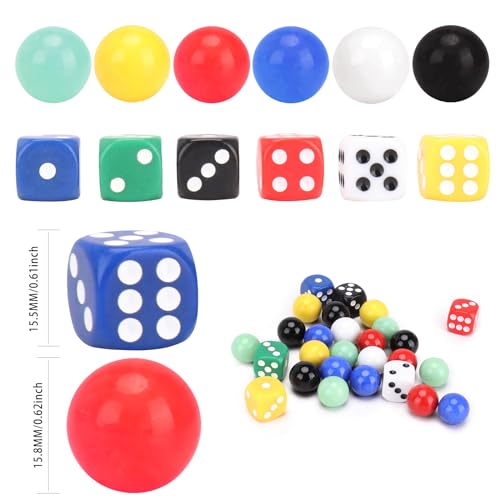 DODHEG 60 Pcs Glass Marbles, Bulk Marbles, for Various Marble Games 0.63 inch, with 6 Pcs 6 Sided Dice Multicolor. - Image 2