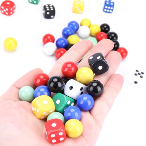 DODHEG 60 Pcs Glass Marbles, Bulk Marbles, for Various Marble Games 0.63 inch, with 6 Pcs 6 Sided Dice Multicolor. - Image 3