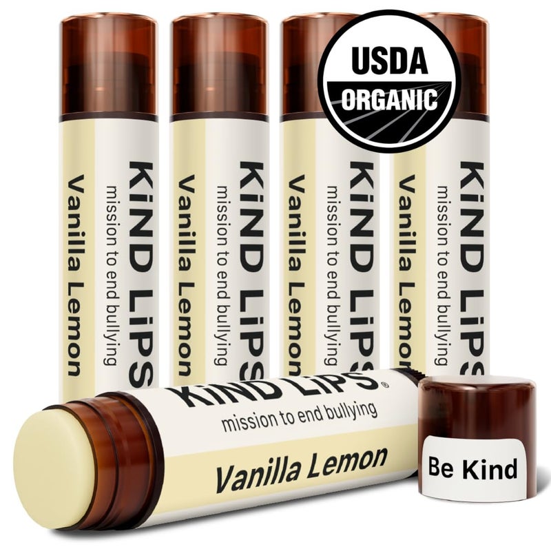 Kind Lips USDA Organic Vanilla Lemon Lip Balm 5 Pack  Moisturizing Natural Lip Care with Beeswax CrueltyFree Balm for Dry Lips