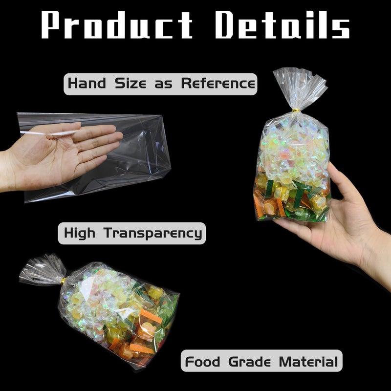 QOIUSO 6"x9" Cellophane Treat Bags: 50 Pack Clear Goodie Bags with Bottom Gusset, Stand-Up Small Plastic Gift Wrap for Candy, Cookie, Party Favors, Popcorn, Gifts â€“ 60 Gold Twist Ties - Image 4